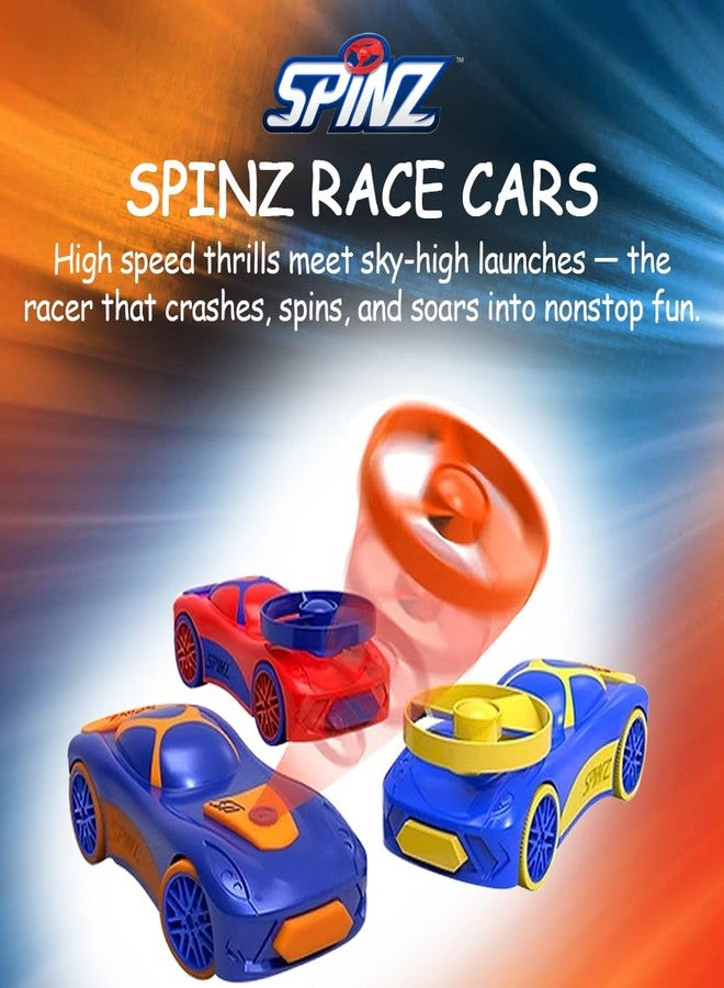 Spinz 2 Pack Race Cars with Flying Disc Launchers, Pull Back Bumper Toy Racer, Kids, Boys, Girls Gift, Blue/Orange & Blue/Green Ages 3+ - Image 3